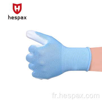 Gants bleus en tricotés en polyester en revêtement en PU Hespax PU